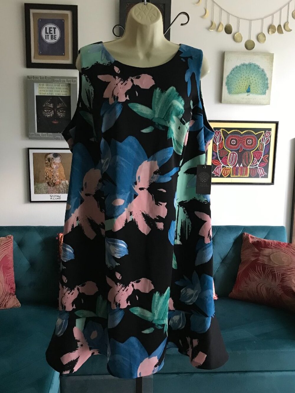 VINCE CAMUTO size 18W Multicolor Black Floral Print Stretch Sleeveless Dress NWT